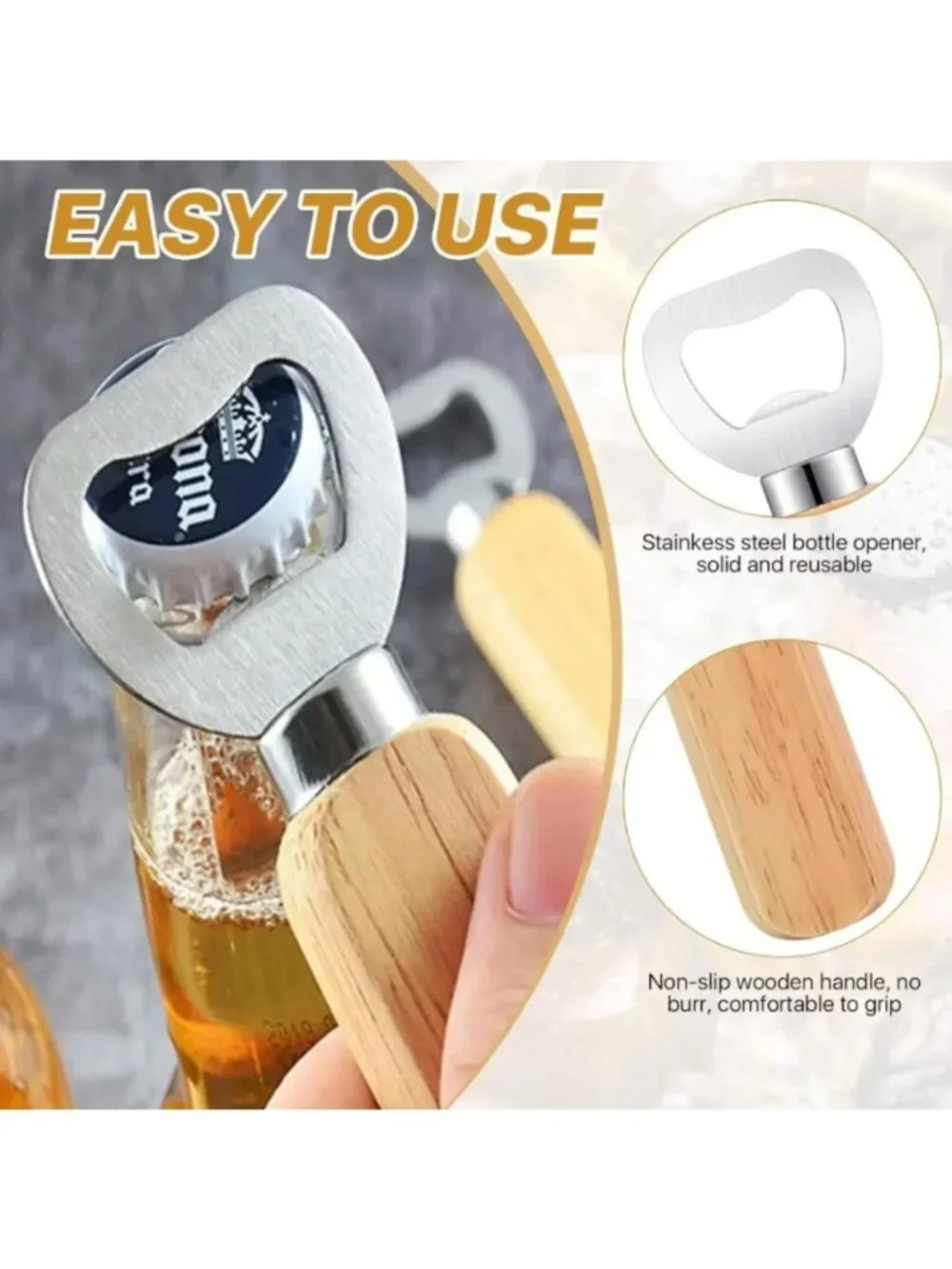 5PCS Wood Grip Beer Bottle Opener Stainless Steel Wall Mount Cap Remover